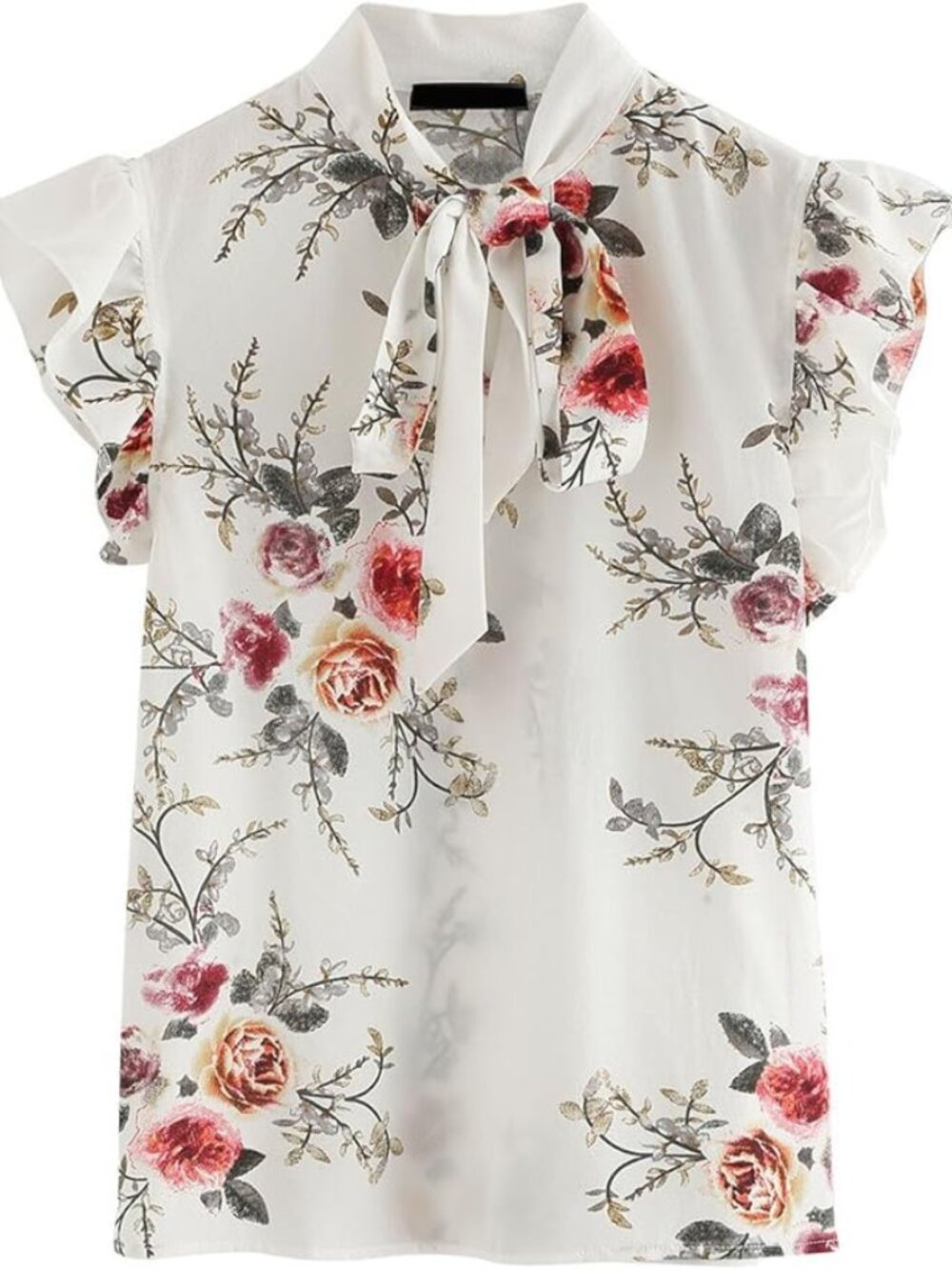 Romwe Women's Floral Print Short Sleeve Ruffle Bow Tie Blouse Top Shirts White
